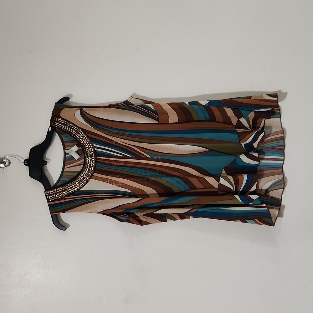Women's sleeveless tank tunic brown green blue faux metal & sequins neck detail
